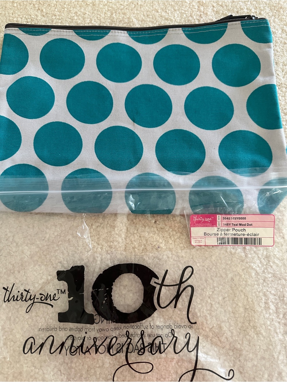 thirty-one Teal Polka Dot Zipper Pouch
